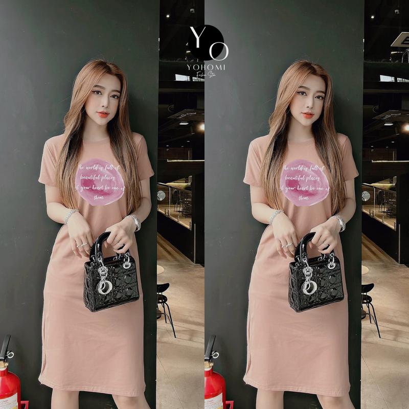 Đầm basic dáng suông bigsize thun thái cao cấp tay lỡ cổ tròn Yohomi dưới 60kg mã THE WORLD Nữ