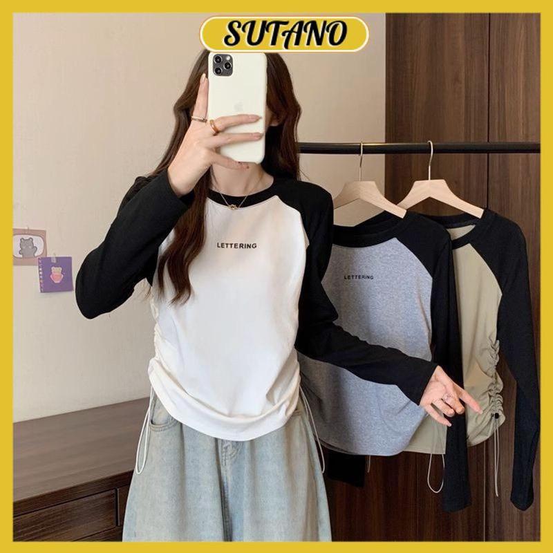 Áo thun nữ baby tee, áo thun dài tay nữ rút dây 2 bên cổ tròn họa tiết chữ lettering chất thun tăm co giãn  A684 SUTANO