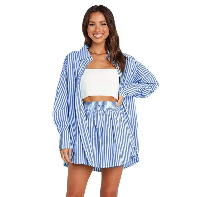 Two-Piece Set Women's Striped Print Two Piece Set, Summer Outfits 2024, Casual Drop Shoulder Shirt & Drawstring Wide Leg Shorts Summer Lounge Sets, Co-ords for Women, Ladies Summer Matching Sets Going Out Clothes, Co-ord Set Outfits, Women's Clothing 6