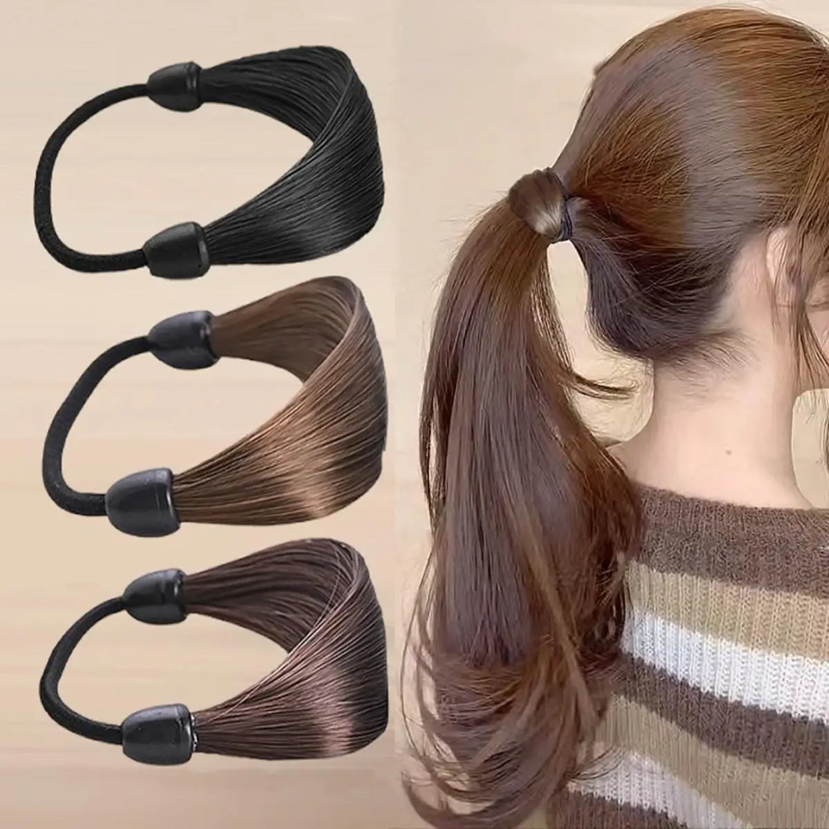 Women Simulation Wig Elastic Hair Ring That Makes Hair Look Thicker Black Brown Hair Tie Invisible Wig Hair Accessories