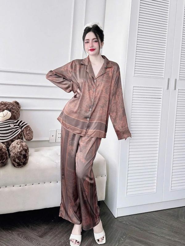 Đồ Bộ Pijama Nữ Lụa Latin Tơ Tằm, Thoáng Mát, Tay Ngắn, Tay Dài Quần Dài In Loang Rừng Màu Cam Đậm [Size 45-60kg và 61-75kg], Có Bigsize Women