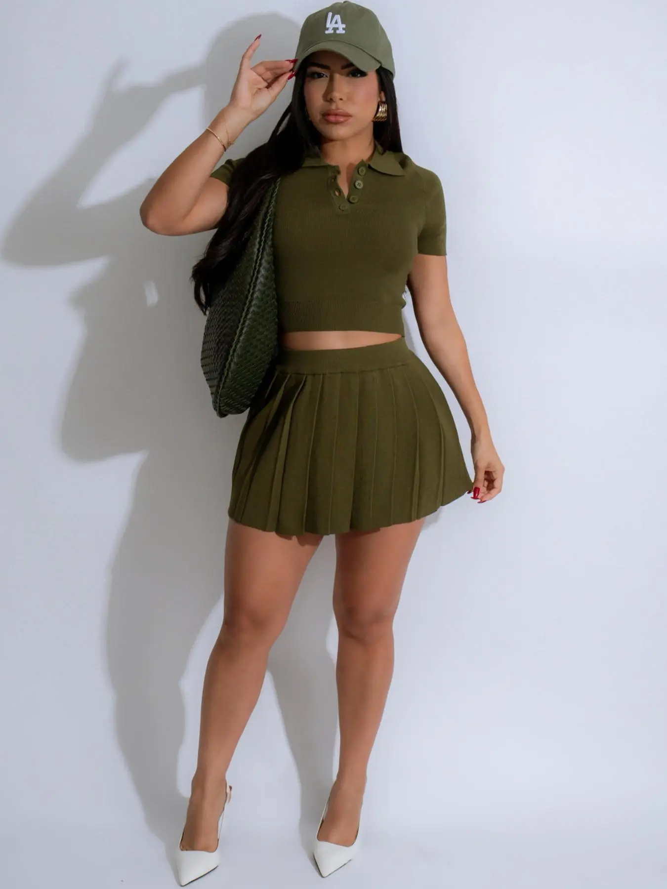 Women's Solid Color Polo Neck Crop Top & Pleated Skirt Two-piece Set, Casual Short Sleeve Crop Top & High Waist Skirt for Summer, Ladies Clothes for Daily Wear
