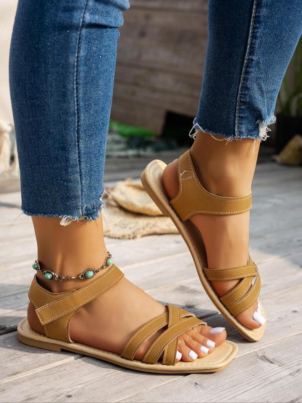 Women's Fashionable Plain Color Crossed Band Sandals, Casual Boho Style Square Toe Sandals for Beach Vacation, Lightweight Breathable Comfortable Shoes for Daily Wear, Summer 7