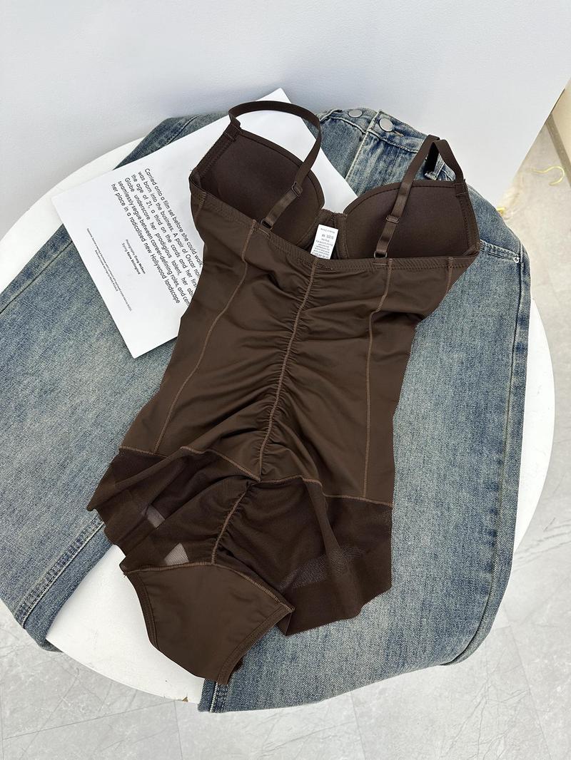 Product Introduction of Women's Plain Ruched Contrast Mesh Sheer Push Up Shapewear Bodysuit, Casual Adjustable Strap Sweetheart Neck Tummy Control Shaper, Waist Trainer Bodysuit, Ladies Shapewear for All Seasons Valentine's Day, gift 2