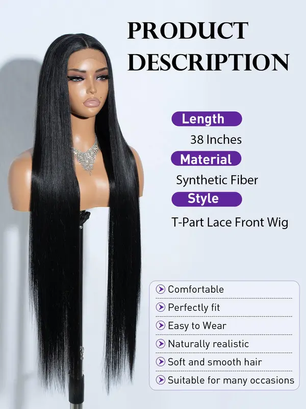 38 Inch Long Straight Lace Front Glueless Hd Wigs for Women, Gorgeous Fluffy Straight Frontal Wigs without Bangs, Synthetic Heat Resistant Fiber Pre Plucked Hairline Wigs for Party, Daily Use, Glueless Ready To Wear Wig 8