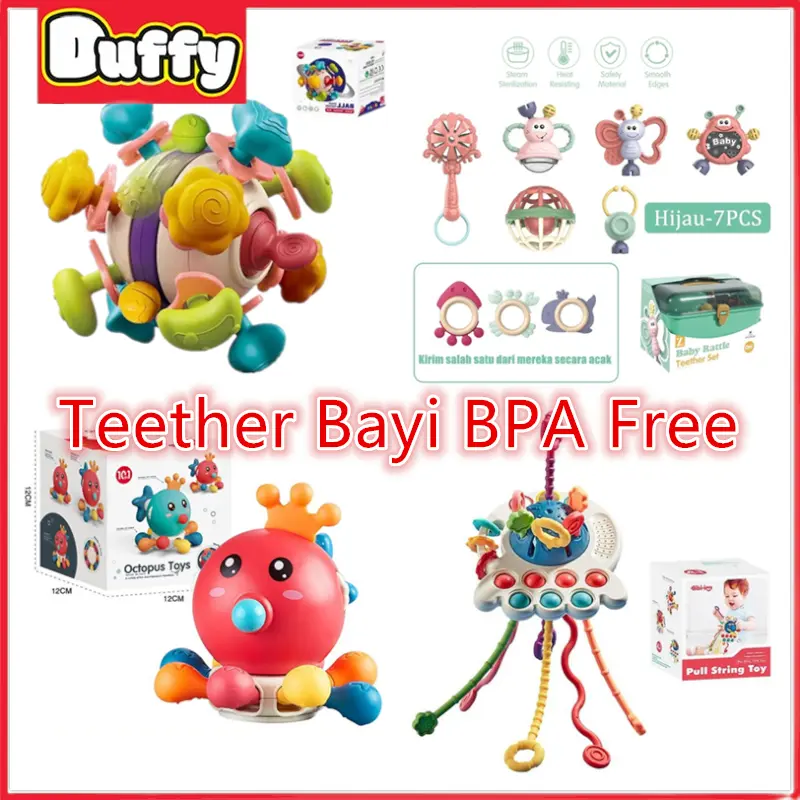 【Duffy toys】Mainan Teether Gigitan Bayi Bpa Free / Mainan Edukasi  4 In 1 Bahan Silikon Untuk Bayi / Teka-teki Mainan Teether Jari / Baby Multifungsi Pull Gigitan Toys / Tether Bayi Gigitan Bayi Bpa Free Mainan Edukasi Montessori Tarikan Sensorik Silikon 0