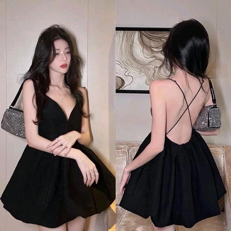 Đầm Đen Ngắn Xoè 2 Dây Hở Lưng Chéo Dây Sexy Nữ Kem Women Dress Voan Nhung