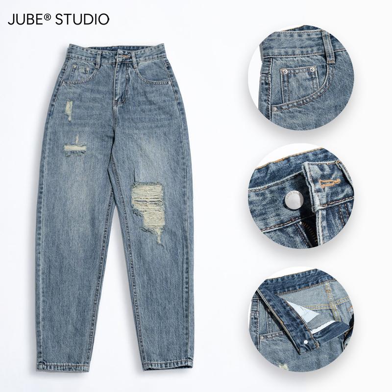 Quần Baggy Jean Nữ  Lưng Cao Không Co Giãn Rách Gối Kiểu Cá Tính Denim 2
