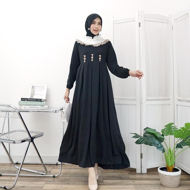 Gamis Renda sweet lengan panjang model fashion wanita muslim modem terbaru new arrival model kekinian kombinasi brukat 4