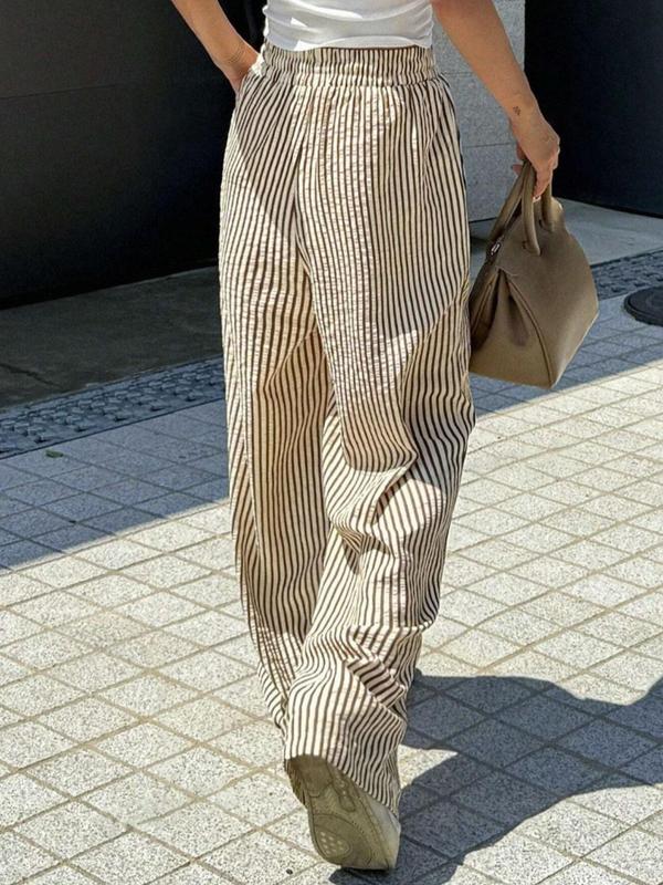 Women's Striped Print Drawstring Waist Wide Leg Pants, Casual Pocket Trousers for Daily Wear, Ladies Bottoms for All Seasons 1