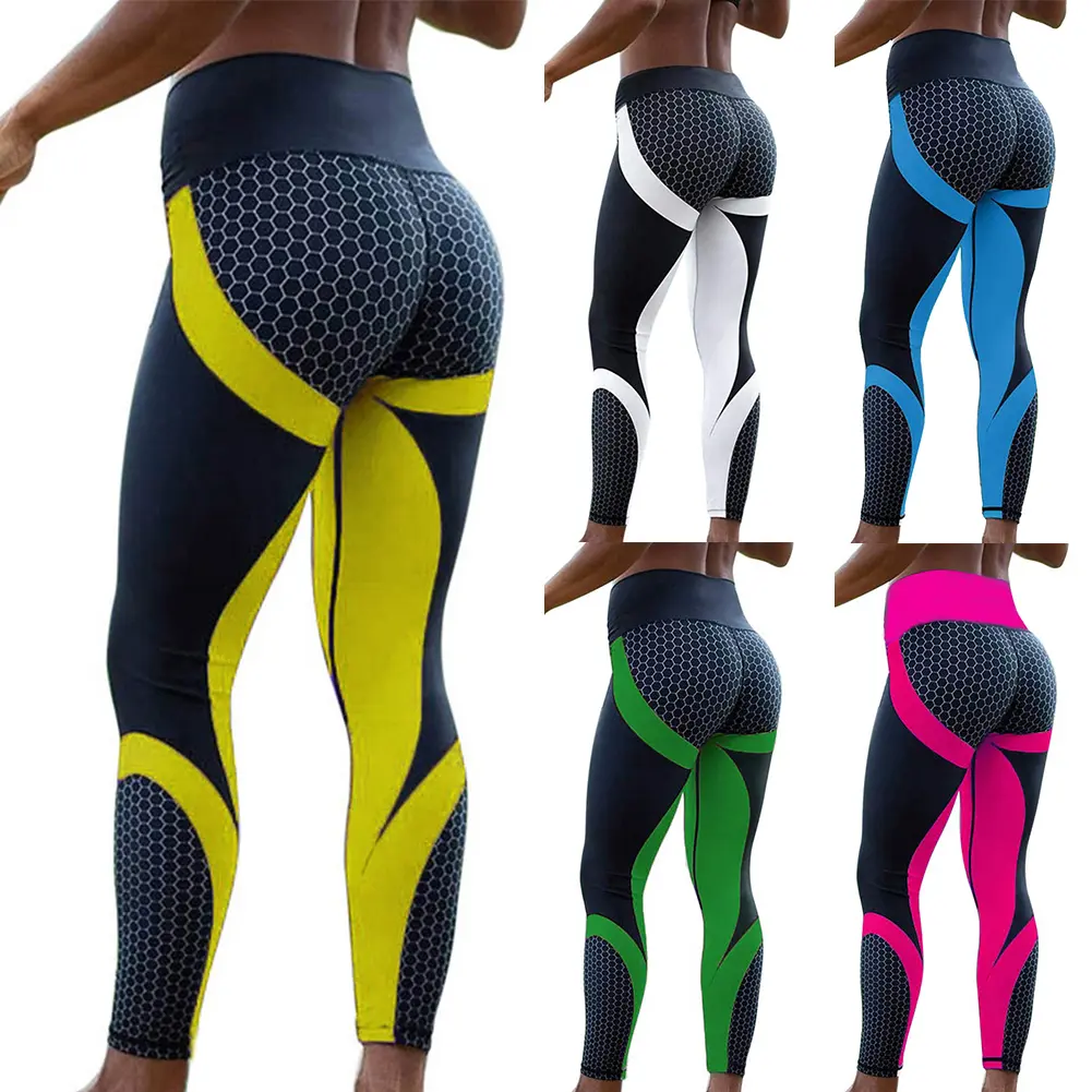 temnesin-Honeycomb Print Color Block Women Leggings Yoga Pants Workout Stretch Tights