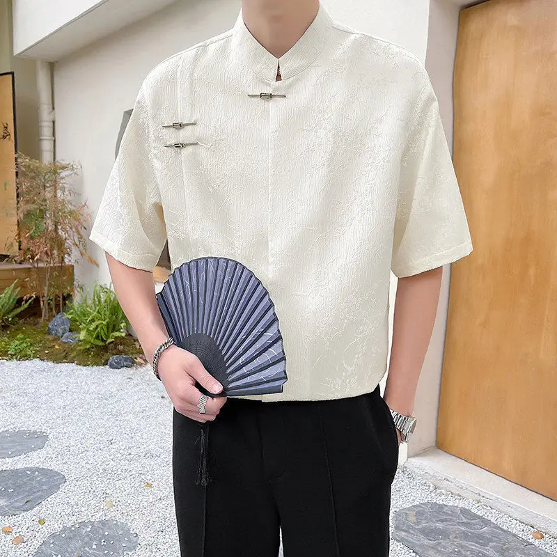 Áo Sơ Mi Ngắn Tay Vải Jacquard Có Khóa Phong Cách Trung Quốc Mới Mùa Hè, Dành Cho Nam Giới, Dáng Rộng Vừa Vặn, Cổ Chân Đế Phong Cách Trung Quốc, Áo Sơ Mi Tangzhuang, 2024 Hàng Mới Về
