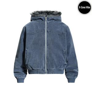 X-Zone Vibe アメカジ ストリート系 裏ボア マウンテンパーカー メンズ デニム風 帆布 異素材 冬アウター フード付き 防寒着