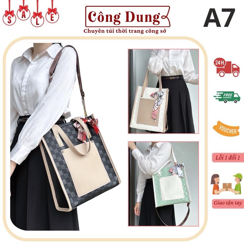 Mã A7 Túi tote đeo vai đeo chéo style hàn size 33 dáng đứng da Pu in vân caro 3D lót vải canvas cao cấp túi đi học túi đi dạy Bag Kem Chữ Nhật Hình Chữ Nhật Nữ (tặng kèm khăn lụa)