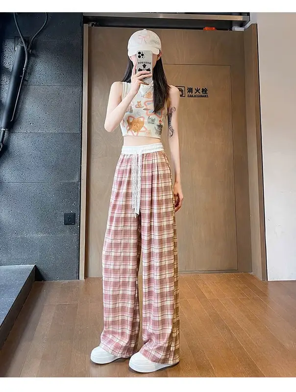Quần Suông Nữ Kẻ Chất Lụa Non Nhật Mềm Mịn, Cạp Trắng Phối Dây Ren Nữ-Q286 4