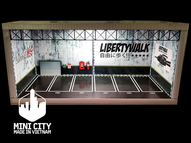 Hộp xe mô hình 1/64 có đèn, tấm mica ngăn bụi