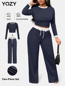 YOZY Women's Contrast Binding Crop Tee & Drawstring Waist Pocket Wide Leg Pants Ribbed Two-Piece Set, Casual Round Neck Long Sleeve Top & High Waist Trousers for Spring & Fall, Women's Clothes for Daily Wear