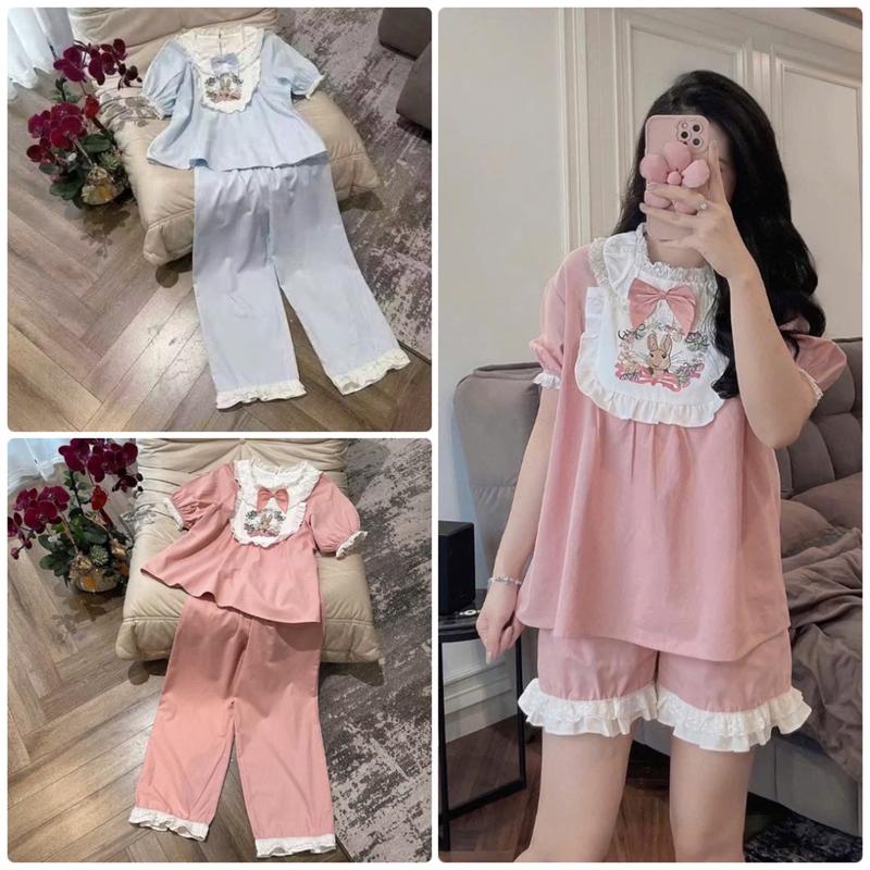 Bộ đồ ngủ pijama cộc tay thỏ yếm thô đũi cổ phối ren tiểu thư Women Nữ (< 60kg, < 1m67) Nhung Áo - Hồng - Voi, Nho 0