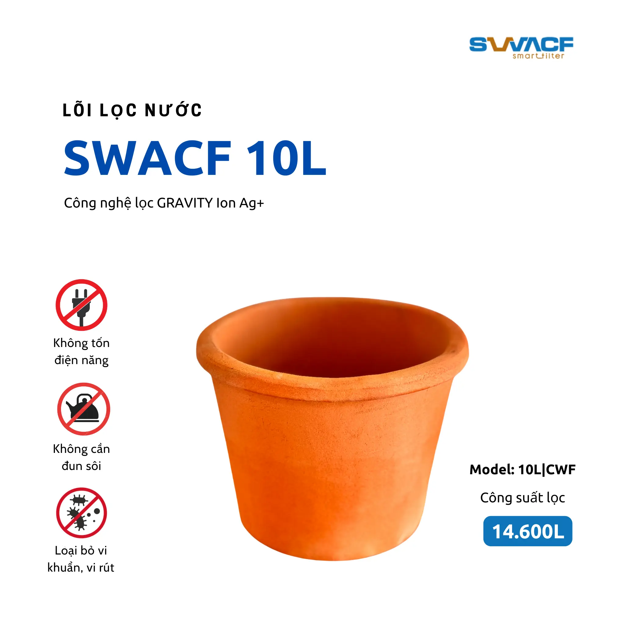 Lõi lọc nước uống trực tiếp SWACF 10L CWF, tốc độ lọc 2-4 lít/giờ, giữ khoáng thiết yếu - Công nghệ Mỹ
