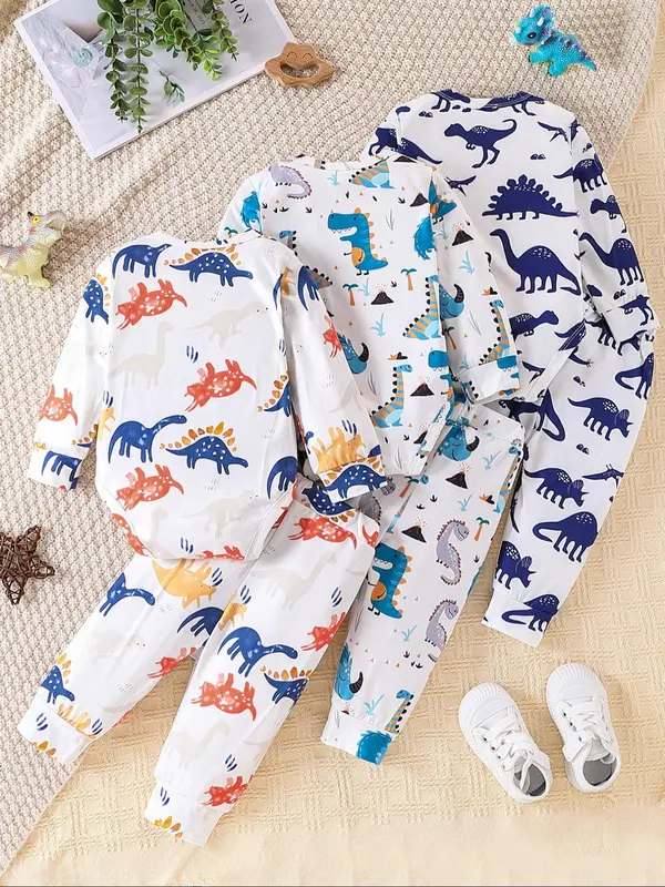 Toddler Boy's Dinosaur Print Bodysuit & Elastic Pants Set, Casual Round Neck Long Sleeve Top & Trousers Set for Daily Wear, Kids Clothes for Spring & Fall 1