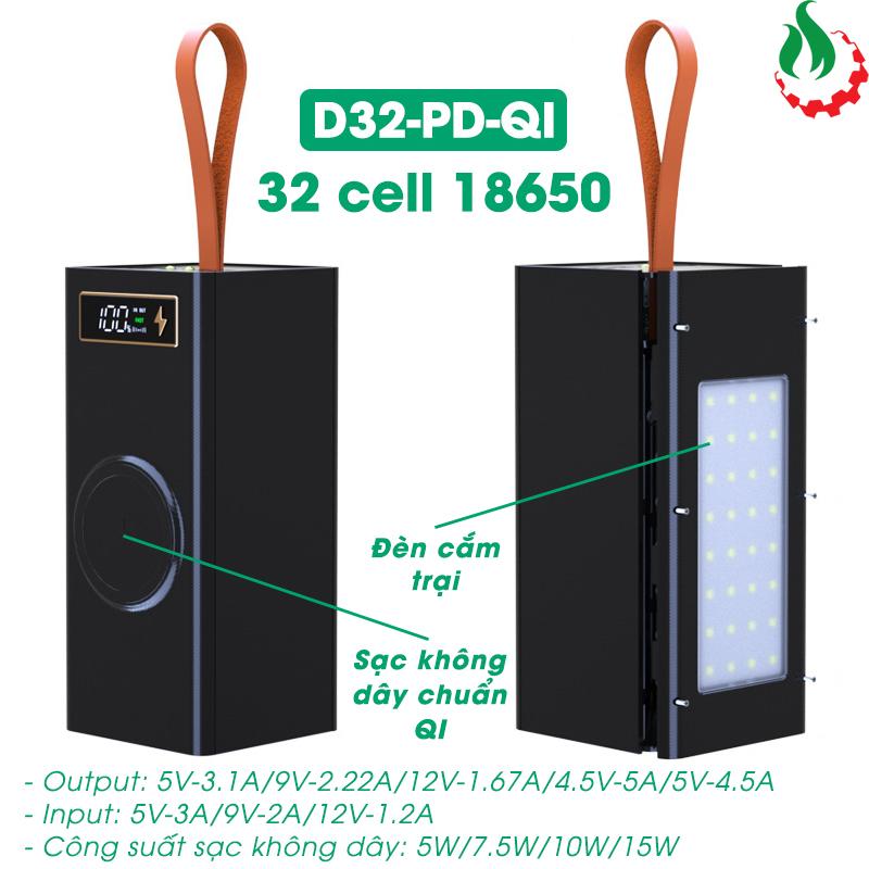  Box sạc dự phòng 32 cell 18650 sạc nhanh 22.5W  D32-PD-QI  s ạ cd 