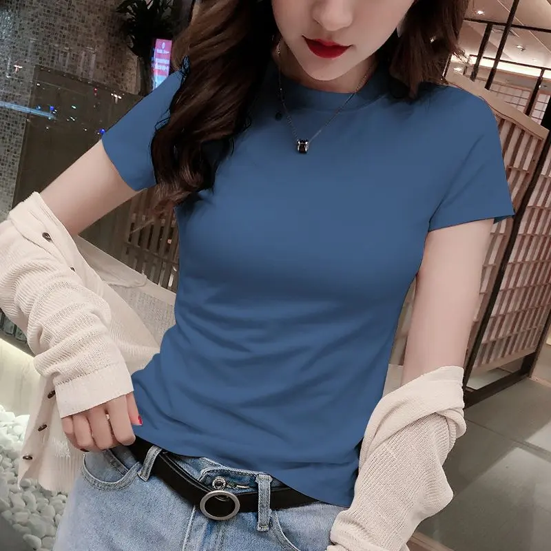 Áo Thun ngắn Tay Cho Nữ, Cổ Lọ Nửa, Áo Sơ Mi Cơ Sở Mỏng Vừa Vặn, Áo Cotton Màu Xanh Mờ, Hàng Mới Về Mùa Hè 2023, Xu Hướng Ins Áo sơ mi Áo nỉ cổ Ví Đựng Thẻ Áo sơ mi