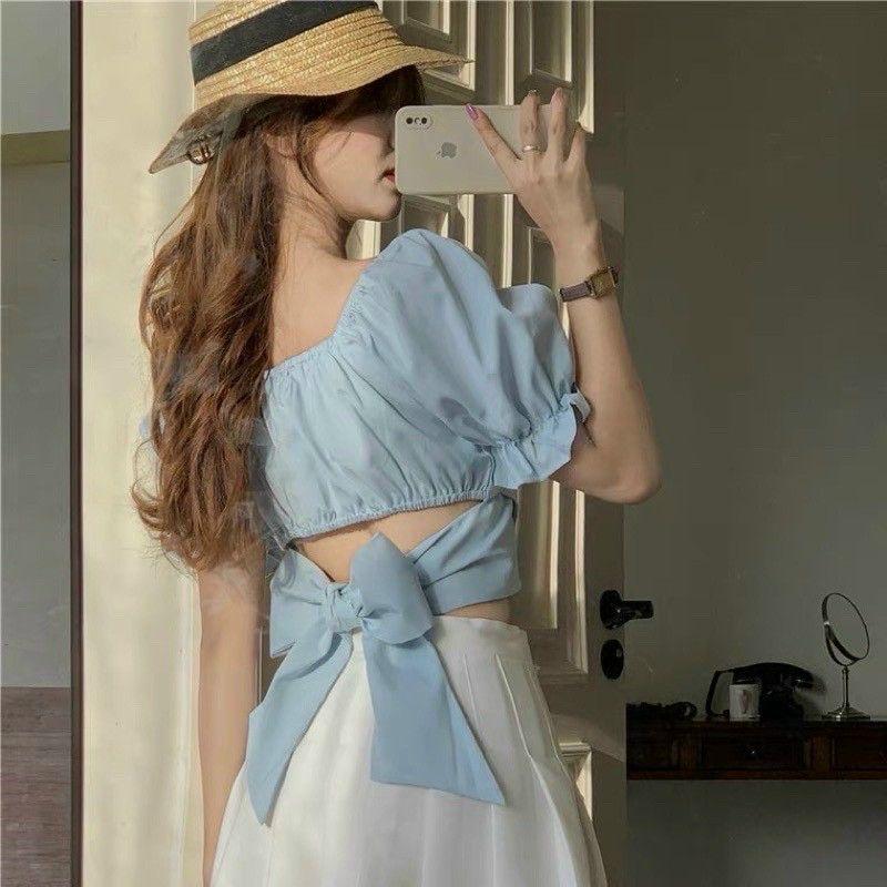 Áo Croptop thắt nơ sau lưng - áo kiểu croptop cổ U tay phồng . mã A32