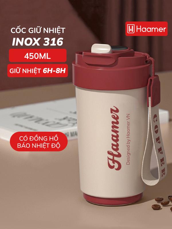  Cốc giữ nhiệt cao cấp Haamer chất liệu inox 316 lót gốm an toàn có đồng hồ báo nhiệt độ dung tích 450ml - B021 