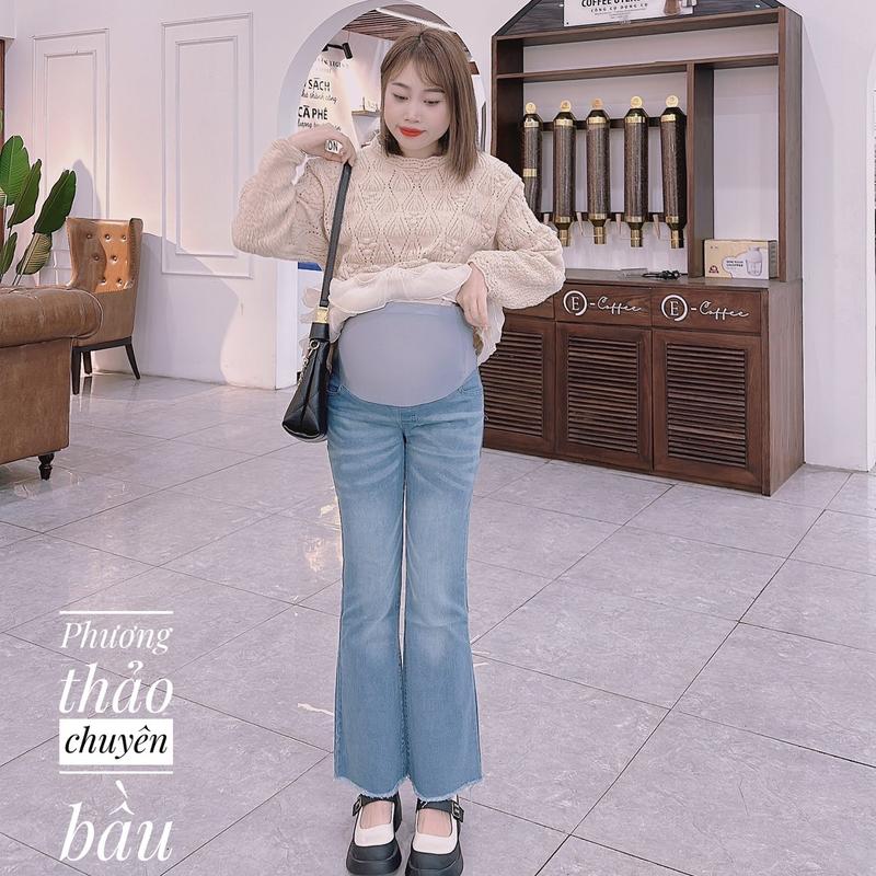  Quần bầu loe jean,chất mềm có đáp bụng và chun chỉnh hai màu xanh nhạt và đen khói 
