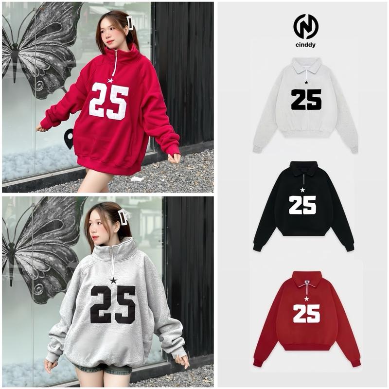 (DEAL MỞ BÁN) Sweater- Áo Sweater Cổ Kéo TheCinddy Thêu Số 25 Ngôi Sao Nỉ Bông Nam Nữ -SWTK001 aokhoac dep Women Nhung Hoodie  Kem