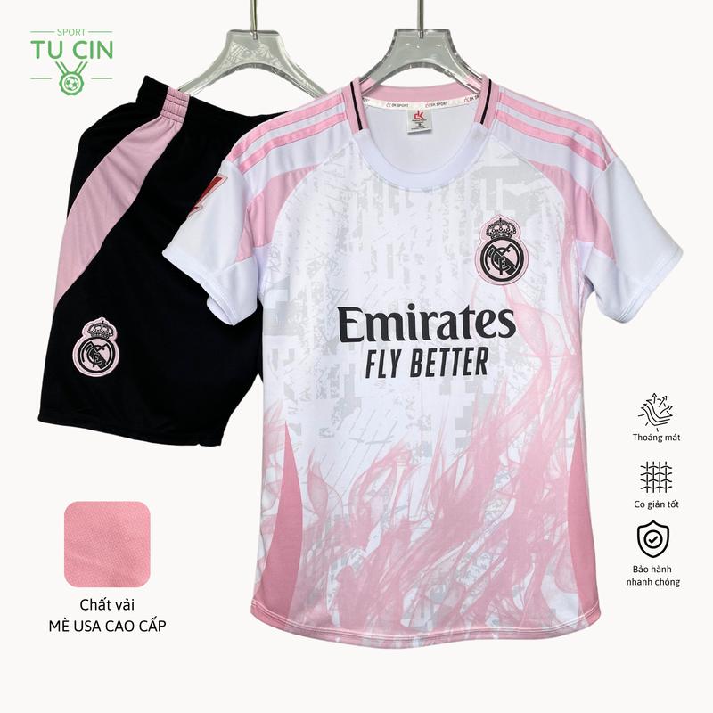 TOP QUẦN ÁO BÓNG ĐÁ ĐỒ ĐÁ BANH REAL TRẮNG HỒNG 3D VẢI THUN MÈ USA CAO CẤP KHÔNG XÙ KHÔNG PHAI NAM NỮ TUCIN SPORT TOP TRANG PHỤC THỂ THAO