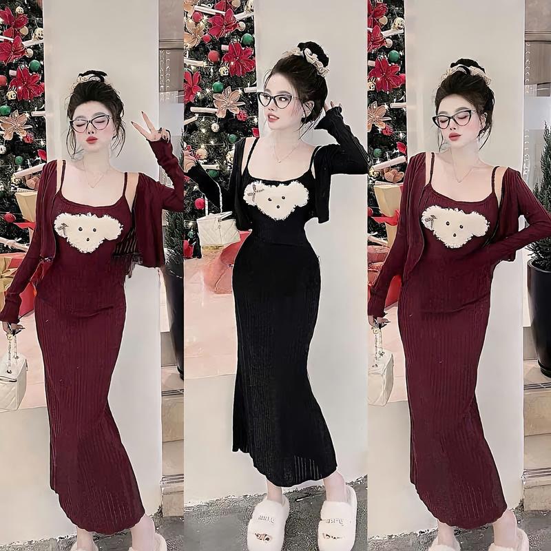 Set Đầm Ôm Body Hai Dây Dáng Dài Hình Gấu Phối Áo Khoác Tay Dài Chất Thun Gân Thái Đi Dạo Đi Chơi Dự Tiệc_146H Women Nữ Dress Đỏ Đen