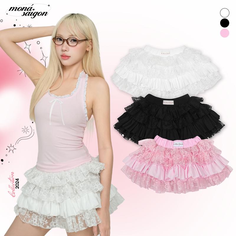 Chân váy nữ ngắn xoè nhiều tầng vải kate phối ren hoạ tiết thêu hoa MONÁ - SORA SKIRT Women