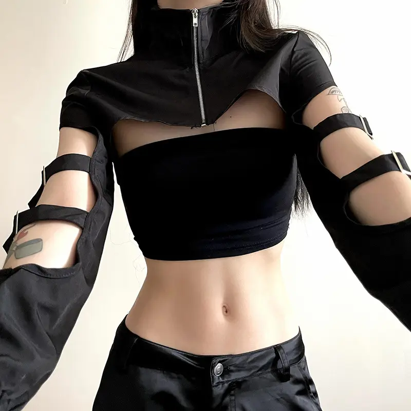 Dark Mechanical Style Irregular Hollow-out School Bag Buckle Stand Collar Workwear Blouse Hot Girl Cool Handsome Wear Ultra Short Coat Womenswear Jackets Tops Lingerie