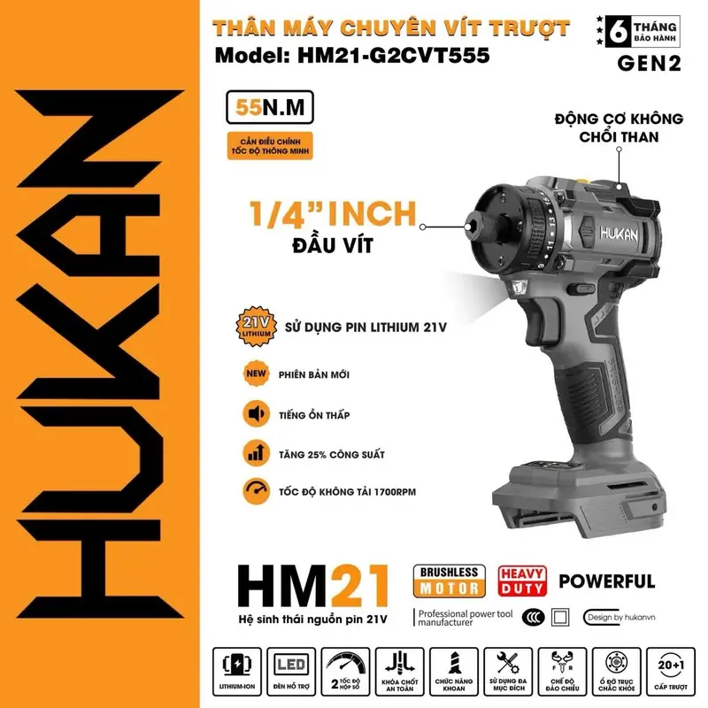 Máy Chuyên Vít Hukan HM21-G2CVT555, Có Cấp Trượt, 2 Chức Năng Khoan-Vít, Động cơ không chổi than 4