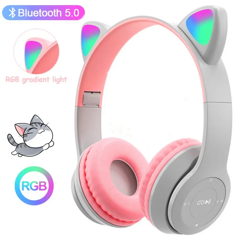 Headphone Headset Bando Bluetooth P47m Rgb Led Cat Earphone Wireless Stereo Bass Headset Gaming Buat Hp Headphone Anak Perempuan Earphones 1