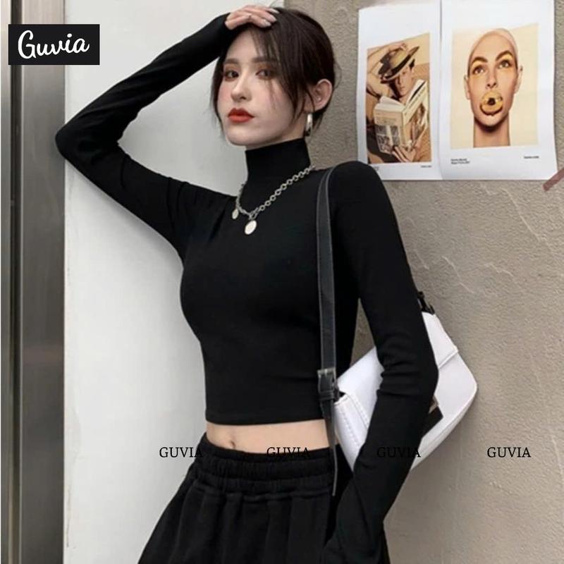 [CR28] Áo Croptop Tay Dài Cổ Lọ Nữ Ôm Body , Áo Thun Gân Kiểu Nữ Dài Tay Women Dáng Ngắn Shirt 2
