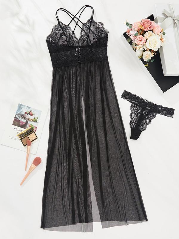 Women's Sheer Criss Cross Cami Nightdress & Scallop Trim Thong PJ Set, Breathable Split Lace Nightgown & Panty, Women's Loungewear For Summer, Summer Clothes Women 3