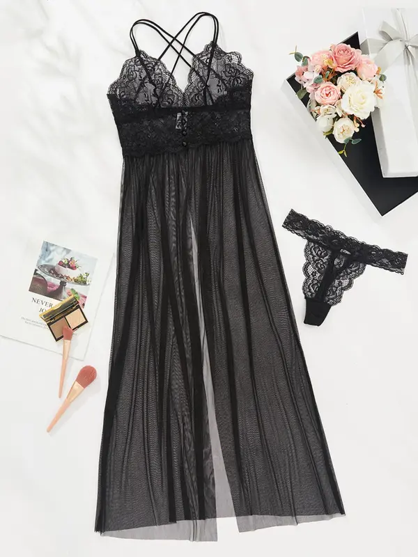Women's Sheer Criss Cross Cami Nightdress & Scallop Trim Thong PJ Set, Breathable Split Lace Nightgown & Panty, Women's Loungewear For Summer, Summer Clothes Women 3
