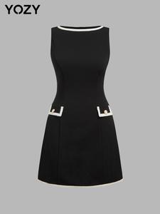 YOZY Women's Contrast Binding Fake Buttons Dress, Elegant Sleeveless Dress for Party Dating Wear, Ladies Summer Clothes, Date Night Dresses