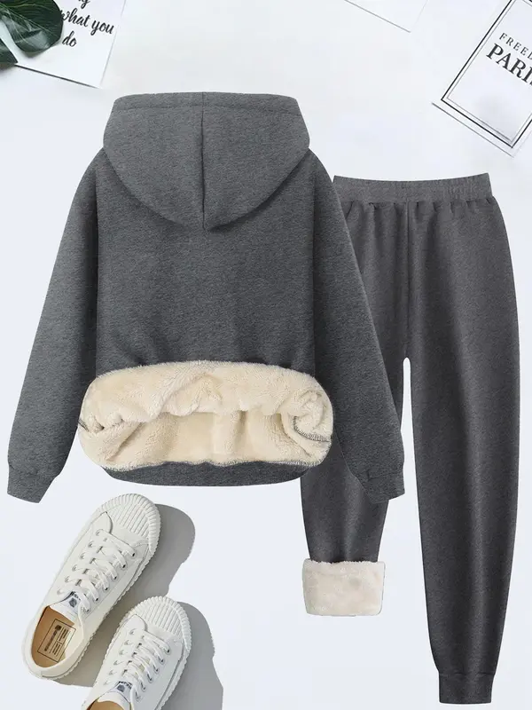 Women's Letter Print Thermal Lined Sweatshirt & Drawstring Waist Sweatpants Two-piece Set, Casual Long Sleeve Hoodie & Pocket Jogger Pants, Women's Fall & Winter Clothes 5