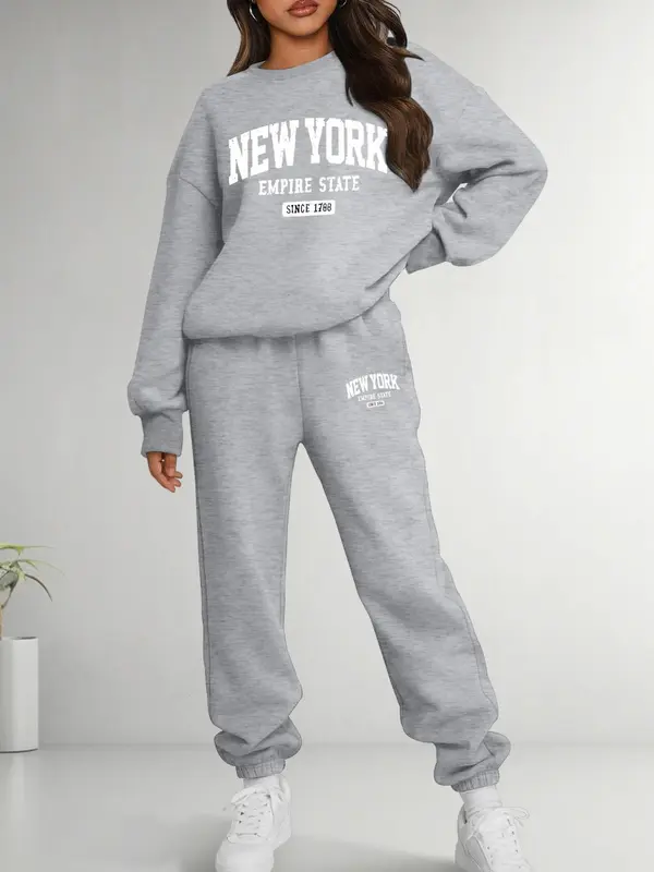 Two-Piece Set Women's Letter Print Sweatshirt & Pocket Sweatpants Set, Casual Fashion Cozy Round Neck Long Sleeve Pullover & Jogger Pants for Daily Wear, Ladies Two-piece for All Seasons, Clothes, Womenswear 0