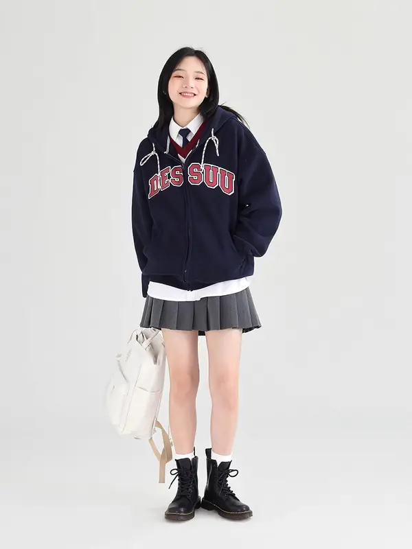 Áo Hoodie Zip Dessuu phong cách đại học họa tiết chữ in hoodie  đỏ hoodie  xanh  đen (lông) zipper zipper 1