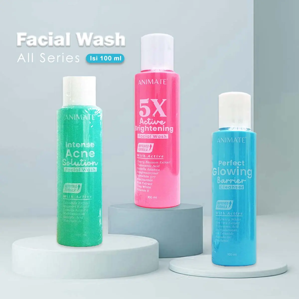 Animate Facial Wash (Whitening, Glowing Barrier, Acne Solution) 100 ML Cleanser Membersihkan Mencerahkan Wajah