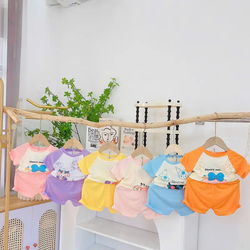 Bộ cộc tay thun lạnh họa tiết xinh xắn mềm mát co giãn thoải mái cho bé gái từ 5kg-15kg 0