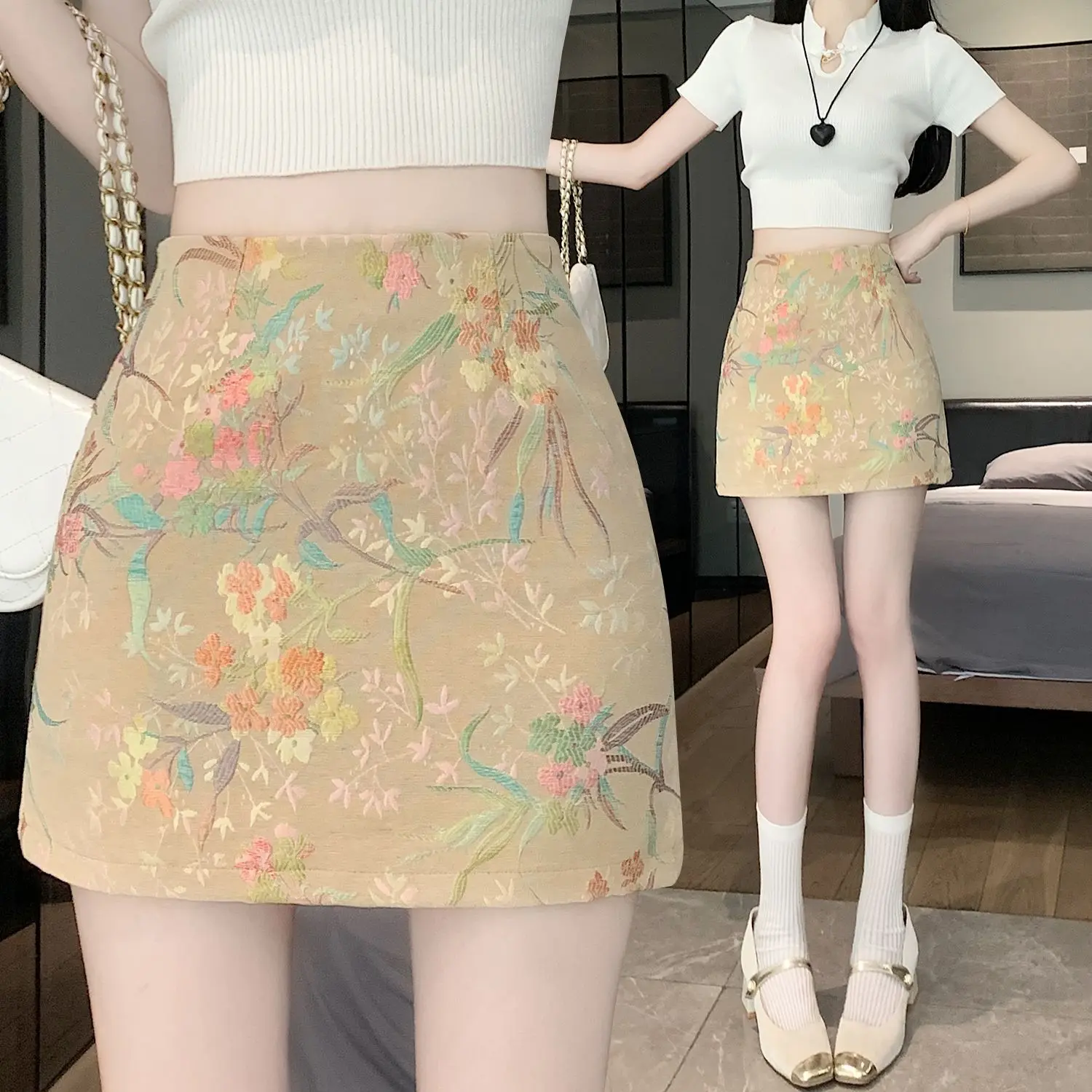 Váy Chữ A Thêu Jacquard Phong Cách Trung Quốc Mới, Váy Bodycon Gợi Cảm Cổ Điển Dành Cho Nữ, Eo Chống Lộ, 2024 Women Khuy