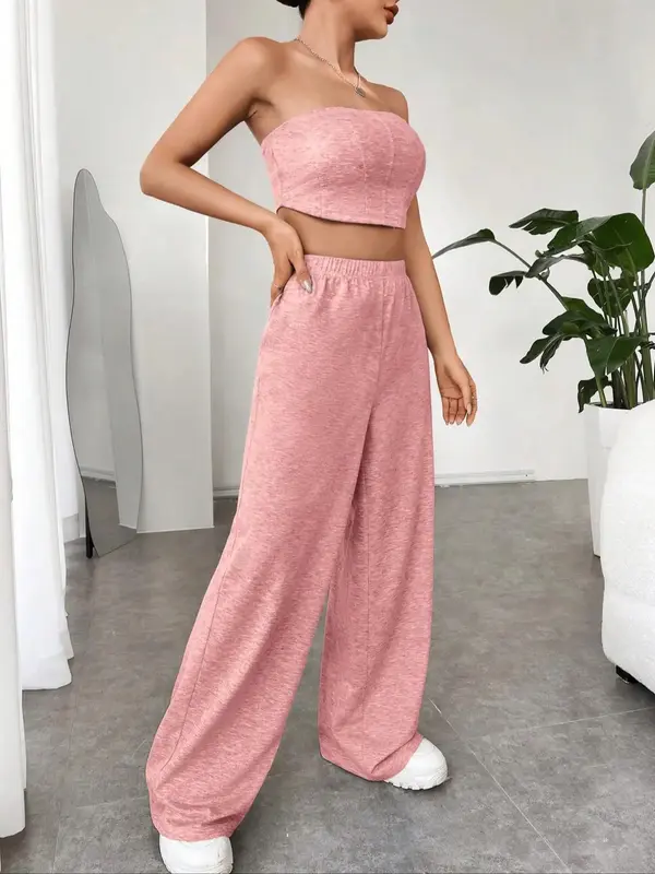 Women's Solid Crop Tube Top &  High Waist Elastic Waist Wide Leg Pants Set without Necklace, Summer Clothes Women, Mean Girls Basic Comfort Cropped Top & Trousers 2