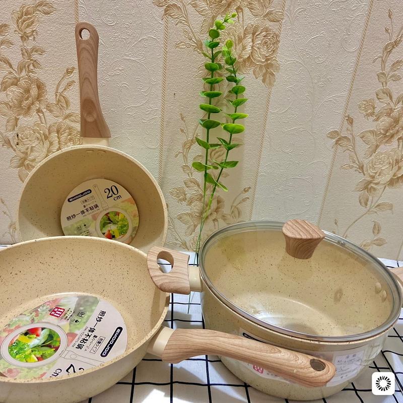 Combo Bộ 3 nồi chảo đá chống dính màu cream cao cấp chính hãng dùng cho bếp từ nồi súp nồi sữa bộ nồi EMOOJOO