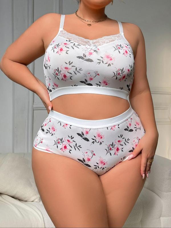 【Plus Size】 Two-Piece Set Floral Print Bow Decor Contrast Lace Bra & High Waist Panty, Adjustable Spaghetti Strap Wireless Bra & High Rise Panty, Women's Lingerie Set for All Seasons 3