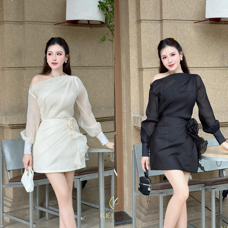 [Kiều Linh]-Set Váy Dự Tiệc Thiết Kế KL107 chất liệu Tafta phối Tơ kèm áo quây và Hoa eo Women Kem Voan Voi Dress